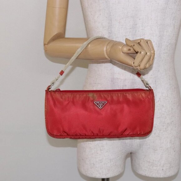 PRADA Accessory Pouch Nylon Red Silver Auth 140805 - Picture 1 of 15